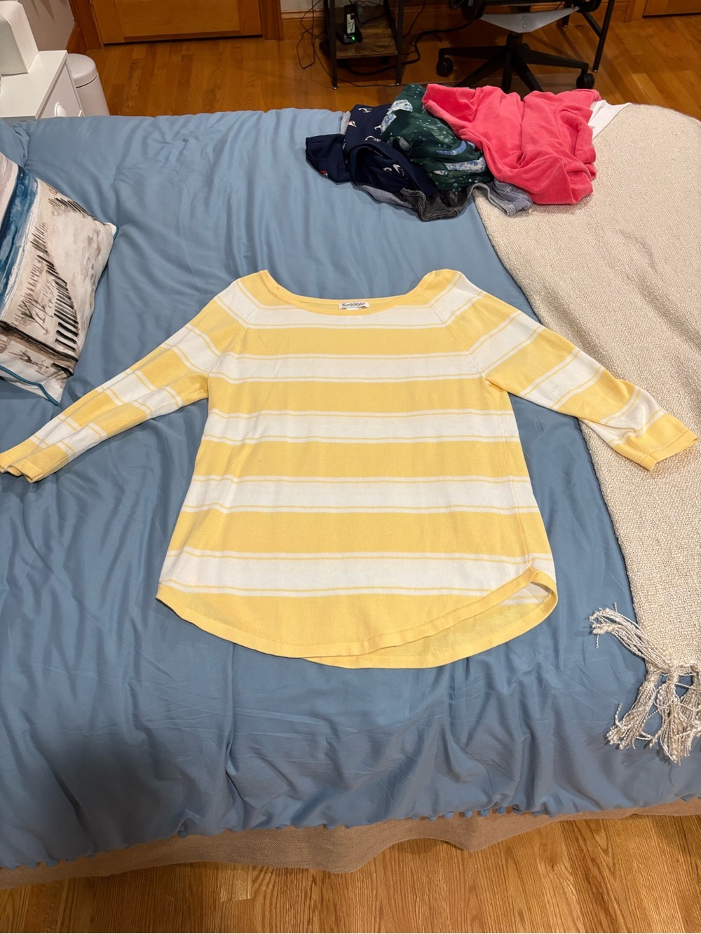 NorthStyle Yellow & White Striped Boatneck Long-Sleeve Top